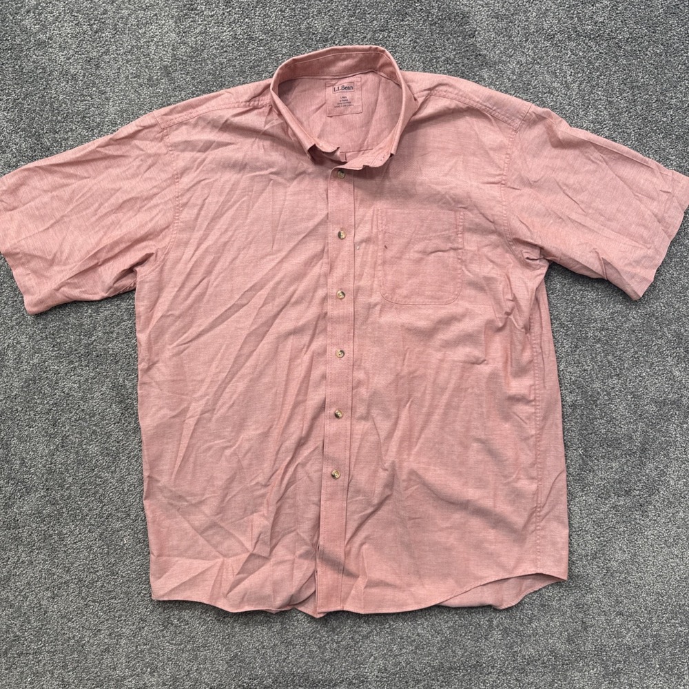 Mens L LL Bean Button Front Shirt Short Sleeve Oxford Chambray Red Pocket